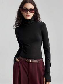 Ontre Áo nữ 2026SS màu đen bạc ánh kim, cổ cao, tay dài ôm sát, thiết kế cổ tay bo, thanh lịch, tinh tế, phong cách công sở thường ngày, hơi hướng cổ điển, thời trang sân bay cao cấp. - màu đen - Xem 7