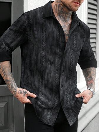 Manfinity LEGND Men's Grey Textured Casual Long Sleeve Shirt Men Shirt Grunge Men Black Long Sleeve Shirt Men Blk Shirts Men Goth Button Up Shirts