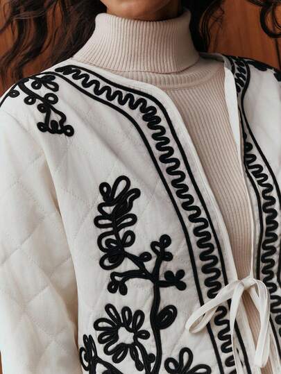 Anewsta Women's Autumn/Winter New Elegant Formal Party Fashion Jacket, Featuring Intricate Embroidery, Quilting, Drawstring, Short Cotton Padded Outerwear