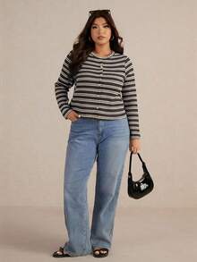 Elaquor Áo thun tay dài cài nút kẻ sọc Colorblock cỡ lớn - Màu xám đen - Xem 4