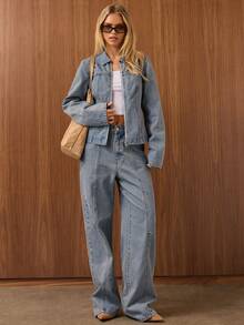 SHEIN BAE Autumn/Winter Retro Light Washed Blue Slim Fit Denim Work Jacket With Stitching,Vintage Denim Top,Winter Clothes For Women, Christmas Women's Clothing,New Year Women's Clothes,Stylish Women's Top,Women's Denim Jacket,Casual Denim - Light Wash - View 1