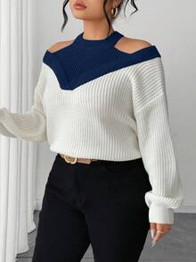 SHEIN Elenzya Suéter holgado de hombros descubiertos de color contrastante para mujer de talla grande - Azul Marino - Ver 4
