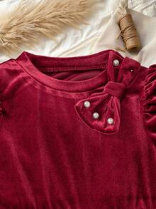 Young Girls Round Neck Raglan Sleeve Elegant Beaded Ruffle Hem Long Sleeve Dress - Red - View 3