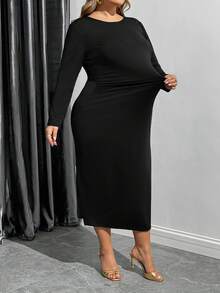SHEIN CURVE+ Váy mùa đông cỡ lớn cho nữ, Váy dài tay cho nữ, Váy dự tiệc, Váy thường ngày ôm sát cổ tròn, Váy bó màu đen, Váy dài vừa phải màu đen, Váy đen ôm sát đường cong, Váy đen dài tay - màu đen - Xem 6