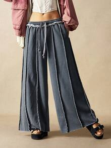 Bohemela Quần ống rộng dệt kim trơn màu phong cách Giáng sinh mùa đông dành cho nữ - Xám - Xem 3