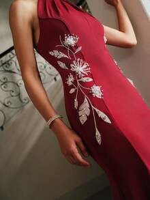 Anewsta Women's Elegant Embroidered Dress, Suitable For Fall, Winter, Summer, New Year, Party, Wedding, Elegant, Chic, Stylish, Cozy, Christmas - Burgundy - View 5