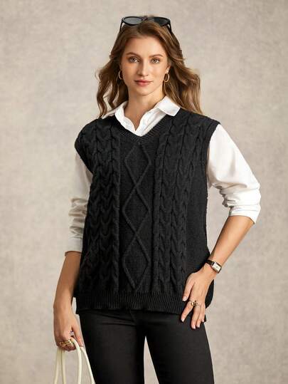 Zelara Plus Size Versatile Knit Vest, Nautical Style Sleeveless Sweater Black Vest/Winter New Year