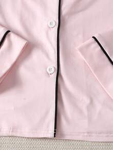 SHEIN 少女翻领长袖单排扣口袋上衣和裤子睡衣套装 - 粉色 - 查看 3