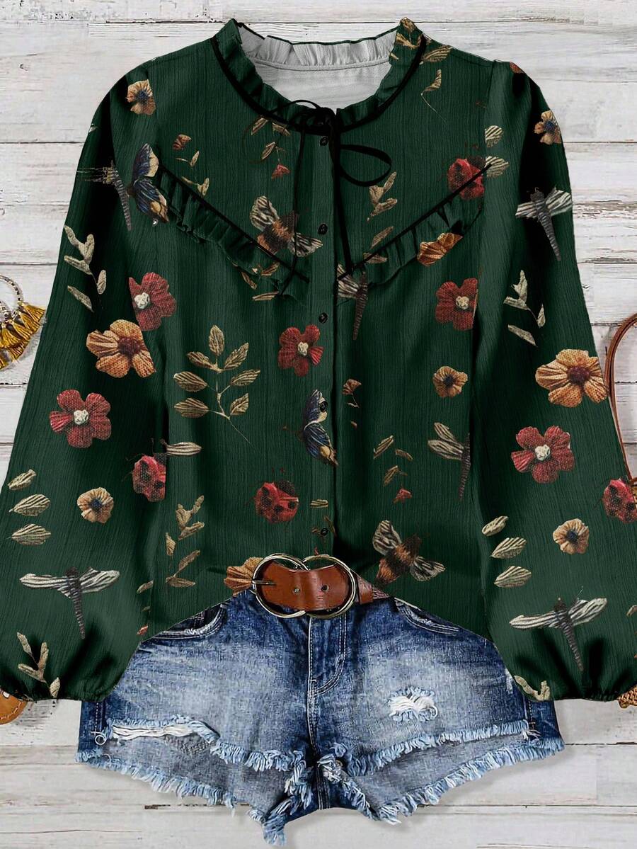 EMERY ROSE Áo sơ mi dệt thường ngày mùa thu cho phụ nữ đi nghỉ - Màu xanh lá cây đậm - Xem 1