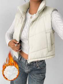 SHEIN EZwear 女士厚垫背心夹克，休闲 - 米色 - 查看 1