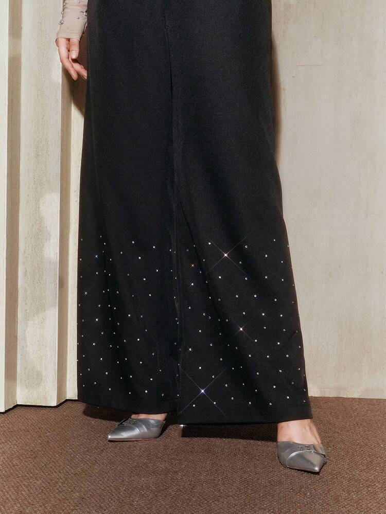 Plus Size Women High Waist Loose Fit Casual Suit Pants With Rhinestone Decor