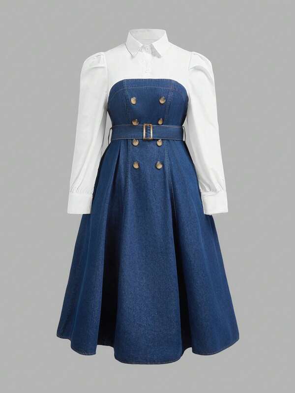 SHEIN CURVE+ Plus Size Color Block Belted Elegant Long Sleeve Denim Dress,, Christmas Denim,Christmas,New Year ,New Year Clothes,Denim Midi Dress,Button Front Denim Dress,Belted Denim Dress,Shirt Style Denim Dress,A-Line Denim Dress,Ight Wash Denim Dress,Holiday Season Denim Dress,Date Night Denim Dress,Christmas Gift Denim Outfit,Plus Size Shirt-Style Denim Dress Button Front,Plus Size Faux Two-Piece Denim Dress,Plus Size Flared Skirt Denim Dress,Inclusive Fit Button Front Denim Dress,Casual Chic Plus Size Denim Dress,Christmas Party Plus Size Denim Dress,New Year's Eve Statement Denim Dress,Elegant Denim Dress Plus Size,Chic Shirt-Style Denim Dress,Vintage Elegant Denim Dress,French Chic Denim Dress,Sophisticated Plus Size Denim Look,Tie Waist Denim Dress For Curves,Minimalist Elegant Denim Outfit,Elegant Plus Size Denim Dress – Button Front, Tie Waist, Flared Skirt,French Chic Faux Two-Piece Denim Dress For Curves,Elegant Commuter Denim Style