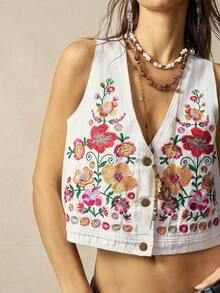 Bohemela Boho Vacation Style Casual Woven Denim Embroidered Sleeveless Cropped Fitted Women Jacket - White - View 3