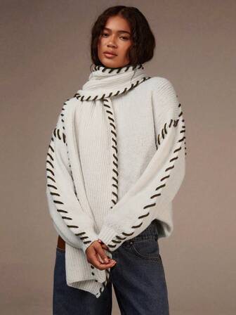 Athîral 2 件女士休闲撞色毛衣和围巾套装，秋冬