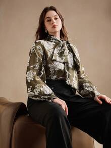 Anewsta 女式休闲宽松轻薄透明长袖衬衫，百搭时尚风格 - 軍綠色 - 查看 6