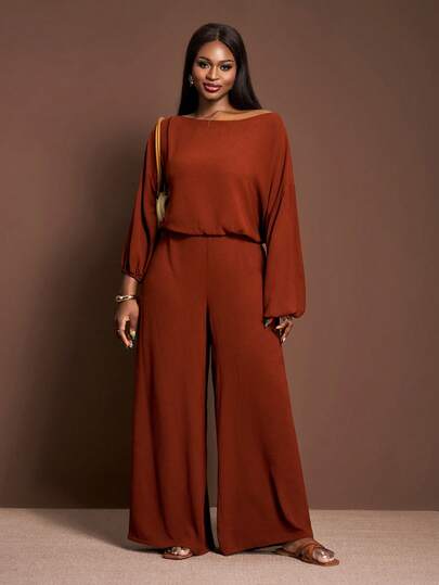 Veslaya 2025 Spring/Autumn New Arrival Elegant & Commute & Party & Date & Teacher Wear & Casual Daily & Outdoor Solid Brown Loose Oblique Shoulder Long Sleeve Drawstring Top And Wide Leg Extra Long Pants Woven Textured Fabric Women Plus Size 2 Pieces Set, Long Sleeve Jumpsuits For Woman, Brown Jumpsuit Women, Modest Two Piece Set,