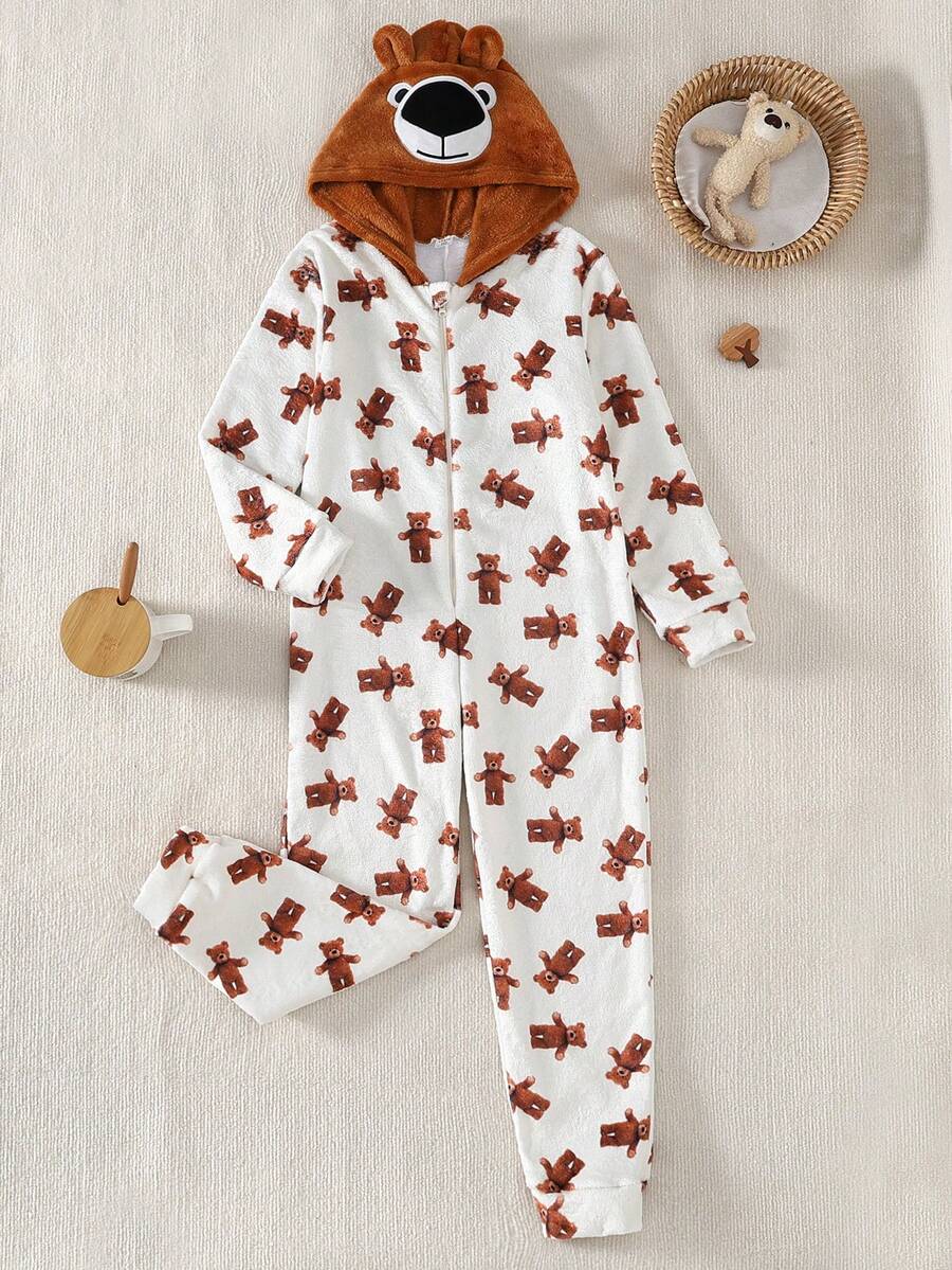 男童休闲卡通熊全身印花羊毛长袖睡衣套装 - 杏色 - 查看 1