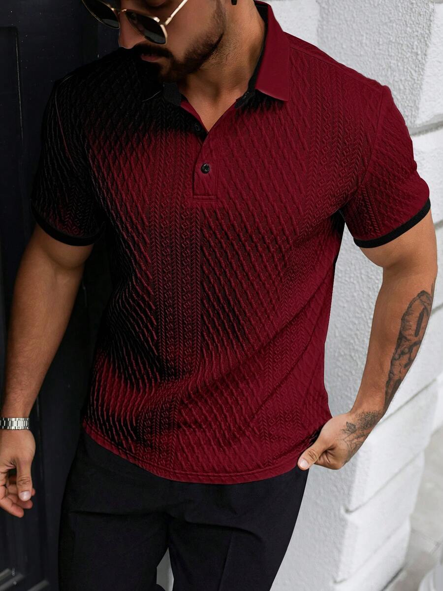 Manfinity Homme 男士纯色简约日常短袖Polo衫 男士Polo衫 高尔夫球衫 酒红色衬衫 针织男士衬衫 男士纹理短袖休闲Polo衫 复古风格，适合日常休闲、周末旅行、户外活动、探险旅行、轻松的工作环境或半正式场合，可作为男友/丈夫礼物、周年纪念礼物或圣诞节礼物 男士高尔夫球衫 酒红色男士衬衫 男士服装 - 酒紅色 - 查看 1