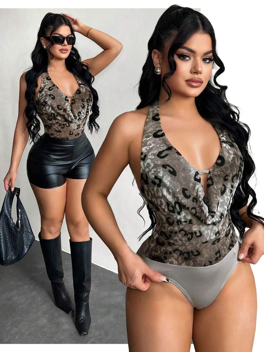 SHEIN SXY Women's Plunging Neck Backless Bodysuit,Khaki,Summer,Club,Pool Party,Snake Cheetah Animal Print See Through Top,Halloween,Streetwear,Goth,Y2K - Multicolor - View 1
