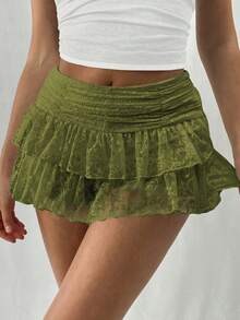 EgrlEra Váy chữ A mini ren hai lớp màu trơn thời trang ngọt ngào dành cho nữ Y2K - màu xanh lá - Xem 3