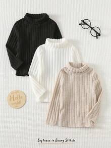 Cozy Pixies 3pcs/Set Baby Boys Solid Color Thermal Lined Thick Elastic Knit Soft Mock Neck Long Sleeve Pullover Tops, Suitable For Winter