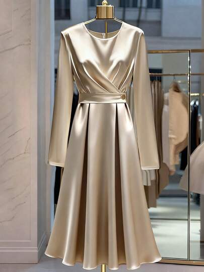Franclia Women's Fashionable And Elegant Champagne-Colored Satin Slim Fit Dress, Women's Champagne-Colored Satin Dress, Women's Slim Fit Dress, Women's Elegant Dress, Women's Party Dress, Autumn Dress
