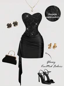 SHEIN MOD Women's Beaded Embroidery Ruched Fashionable Mini Dress,Party Dresses,Flowy Dress,Bodycon Dress,Black Mini Dress, Women's Clothing,Black Dress - Black - View 4