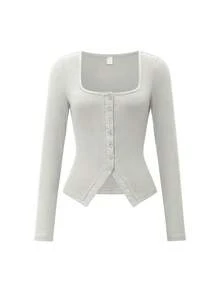Blusa de mujer ChicEase con estilo minimalista Y2K, casual y linda, de cuello cuadrado, de unicolor y de manga larga, de estilo vintage americano, adecuada para el campus diario, la chica caliente y el uso casual en el hogar - Blanco - Ver 7