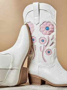 SHUZIA New Women's Floral Embroidery Vegan Leather Pointed Toe Western Style Chic Cowboy Boots Chunky Heel Slip-On Rodeo Dance Holiday Fall Winter Shoe For Christmas - White - View 6