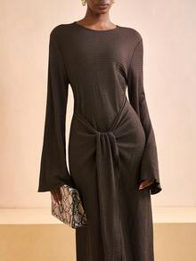Zivah 20  Autumn/Winter New Arrival, Suitable For New Year, Valentine's Day, Party, Banquet, Date, Birthday, College Style, Student Wear, Daily Casual, Basic Versatile, Leisure, Cruise Travel, Fashionable, Elegant, Commute, Business Casual, Minimalist, Round Neck Long Sleeve, Front Middle Tie-Up Strap, Loose Straight Hem Irregular, Brown Vertical Striped Textured Fabric, Elegant Long Dress, Party Dress, Women Dress Chocolate Brown Dress Long Sleeve Long Dress - Brown - View 8