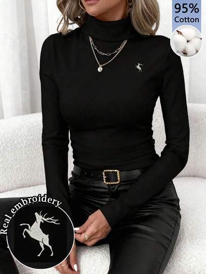 SHEIN Clasi 95%纯棉女士休闲高领修身长袖T恤，饰有鹿刺绣图案，优雅经典，适合秋冬季节，百搭实用，秋季女士休闲装，圣诞节图案