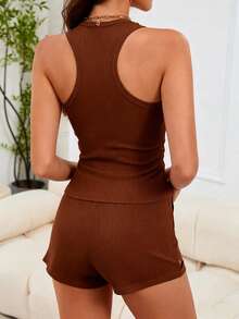 Slaydiva 2pcs Women Ribbed Crop Top Set - Brown - View 2