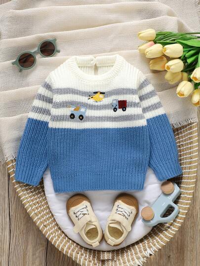 SHEIN Vintaside Kids 男婴可爱卡通刺绣毛衣，圆领设计呵护娇嫩肌肤，长袖套头衫方便穿脱，休闲简约风格打造宝宝时尚新宠，柔软亲肤面料陪伴宝宝快乐成长。