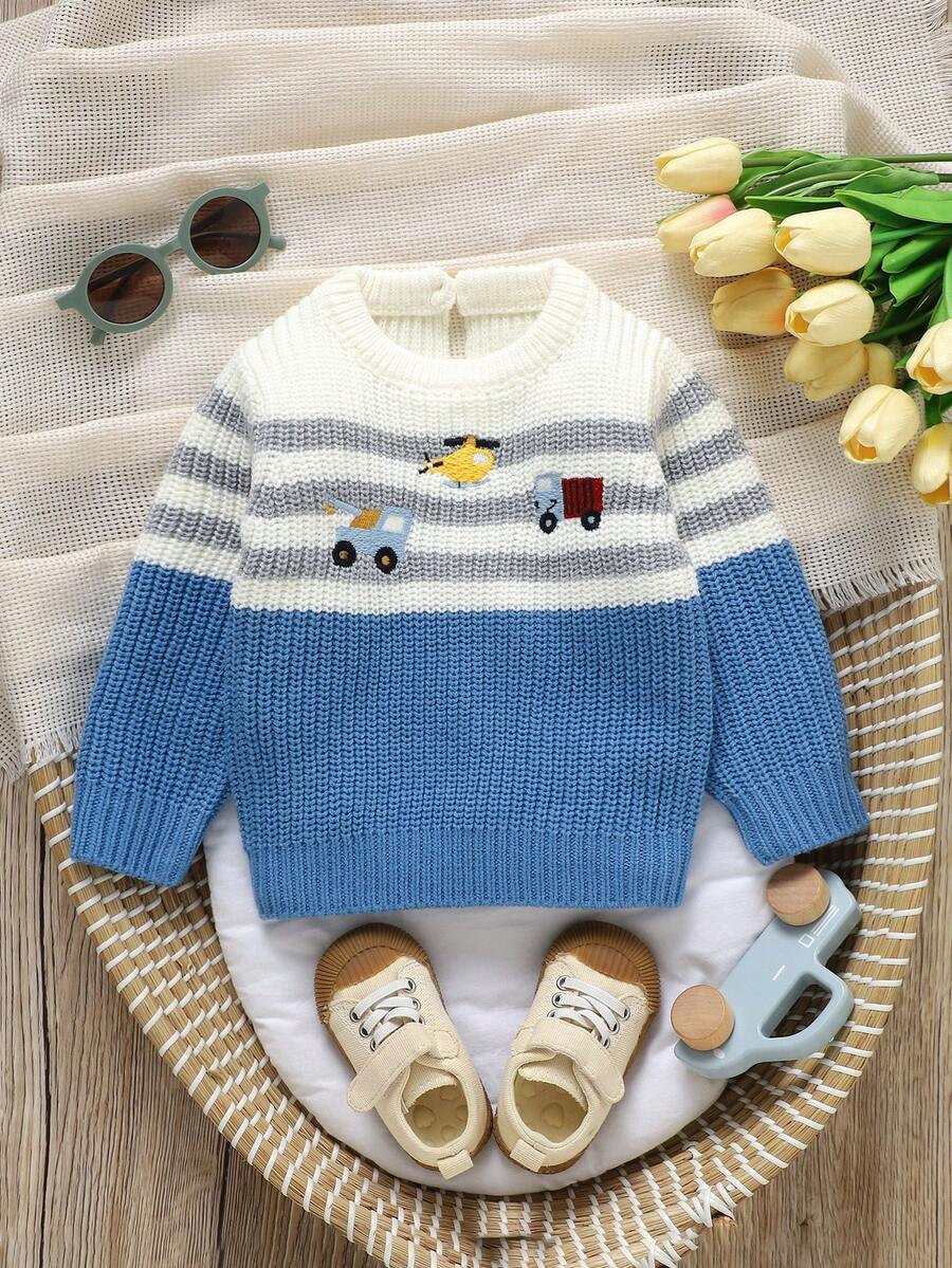 SHEIN Vintaside Kids 男婴可爱卡通刺绣毛衣，圆领设计呵护娇嫩肌肤，长袖套头衫方便穿脱，休闲简约风格打造宝宝时尚新宠，柔软亲肤面料陪伴宝宝快乐成长。 - 彩色 - 查看 1