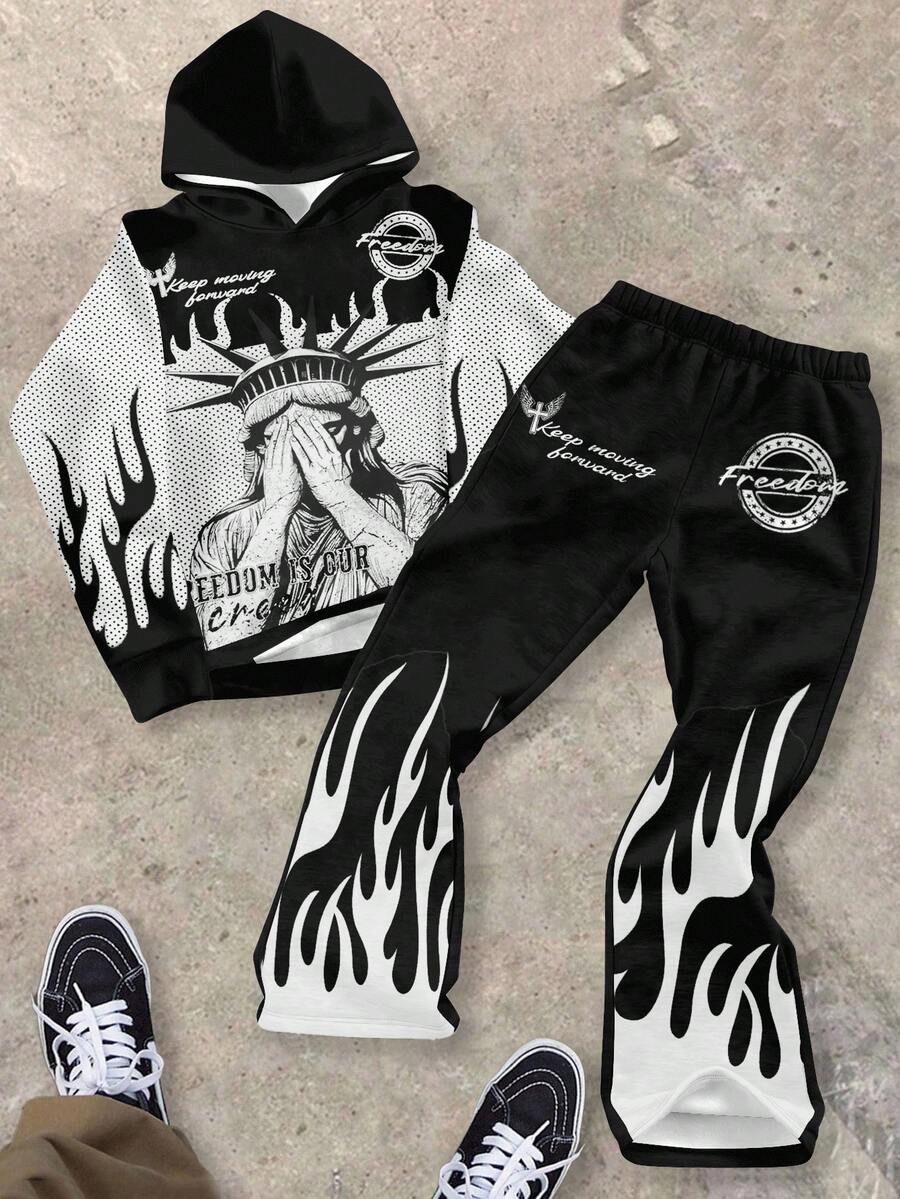 青少年男孩休闲时尚街头火焰印花连帽衫和松紧腰喇叭裤保暖内衬两件套，秋冬 - 彩色 - 查看 1