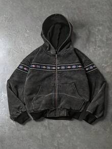 Manfinity Homme 男士休闲复古几何刺绣连帽衫，秋季款 - 黑色 - 查看 1