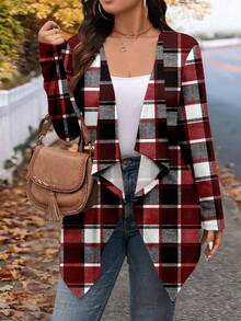SHEIN LUNE Chaqueta casual con abertura frontal a cuadros para mujer de talla grande, otoño - Rojo - Ver 4