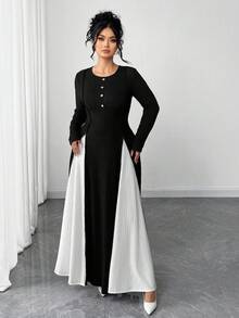 SHEIN Elenzya Robe longue col rond en patchwork noir et blanc pour femmes grandes tailles, élégante et confortable pour le port quotidien, automne/hiver - Multicolore - Voir 6