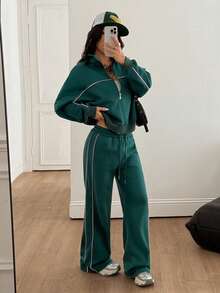 Coolane Women 2pcs Set Zip Front Long Sleeve Hoodie And Drawstring Waist Pants Casual Suit - Green - View 4