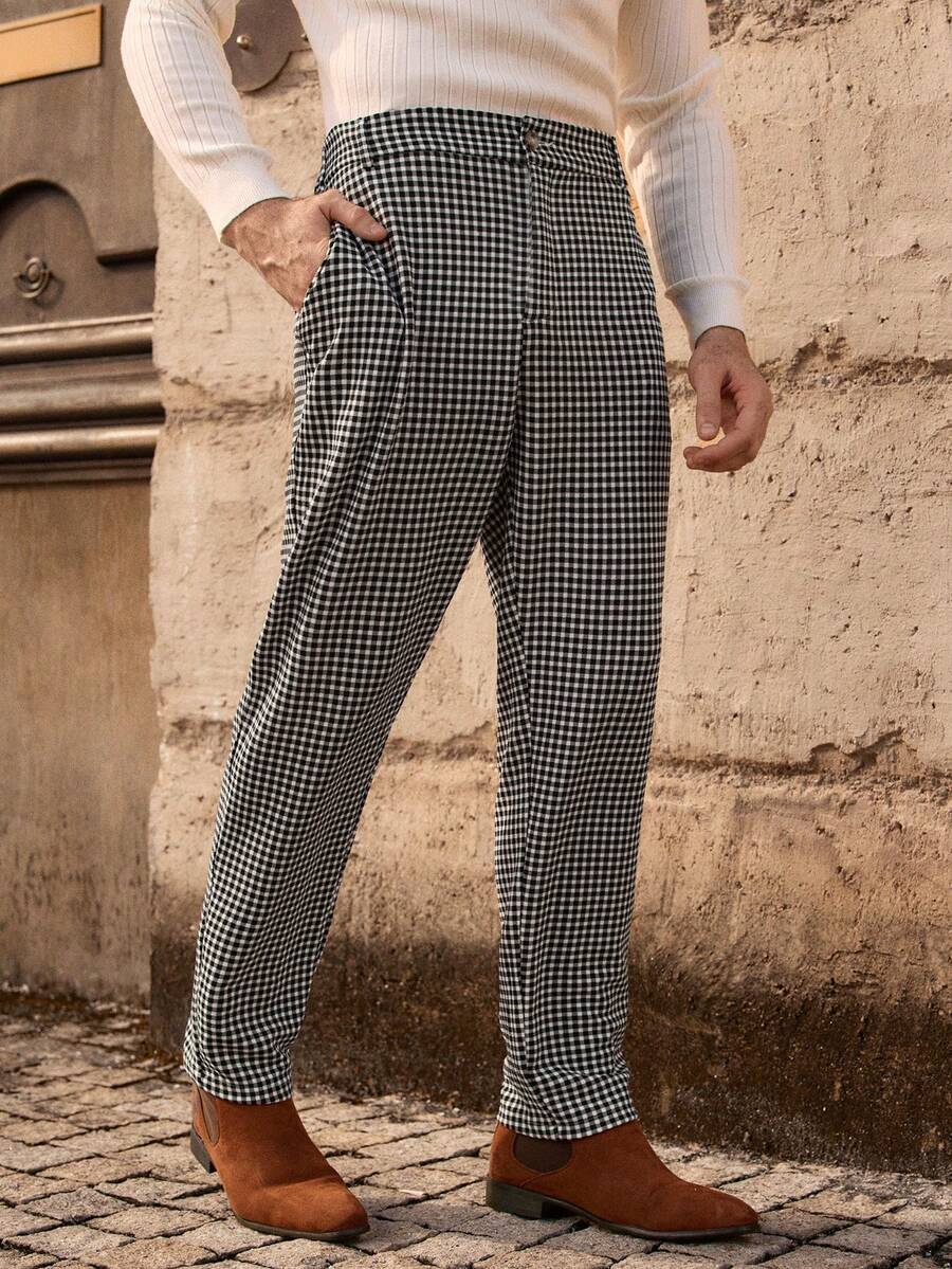 HIMLAND 男士格子口袋直筒宽松休闲裤