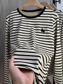 Resyla Women's Striped Embroidered Knight Long Sleeve Round Neck T-Shirt - Multicolor - View 4