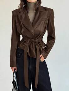 Aloruh Women's Fashion PU Leather Belt Suit Jacket Autumn/Winter Leather Blazer Office Suit Commuter Set, Slim Fit, Simple Workplace Attire - Brown - View 4