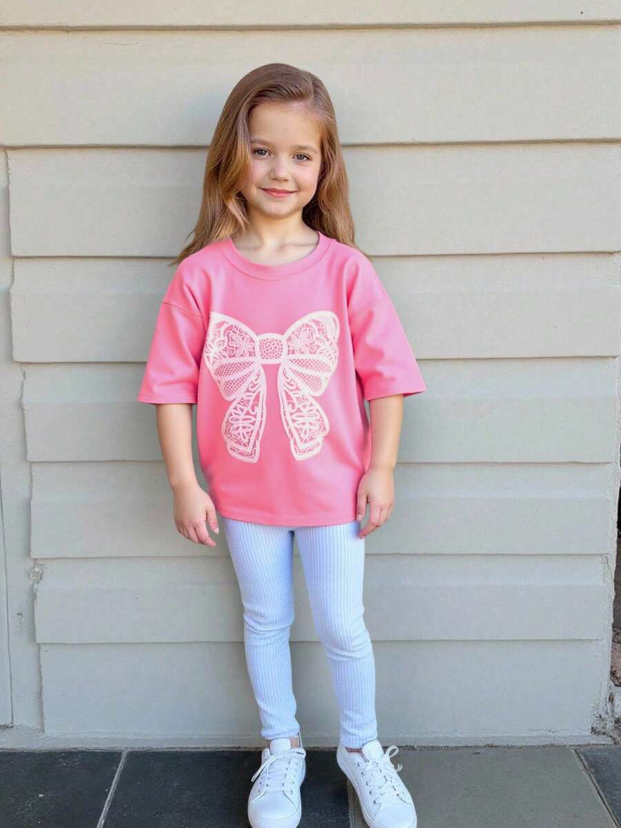 SHEIN Tween Girl Butterfly Print Tee For Summer Summer Holiday - Pink - View 1