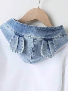 SHEIN Elladie kids 年輕女孩標語圖形3d耳朵拼接對比丹寧連帽衛衣 - 白色 - 查看 5