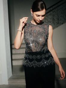 Anewsta Áo không tay đính hạt sang trọng cao cấp thời trang dành cho nữ - Màu xanh nhạt - Xem 4