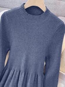 GlowEve 时尚高端别致圆领修身休闲长款开衫和针织中长连衣裙两件套，秋冬 - 藍色 - 查看 5