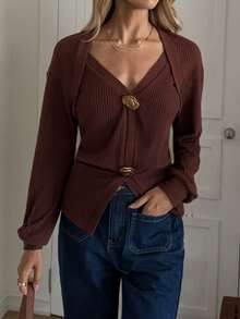 Elyressa Women's French Terry Patchwork Metal Button Decor Polo Collar Long Sleeve T-Shirt, Elegant For Commuting In Winter - Coffee Brown - View 3
