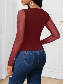 SHEIN Lady Camiseta feminina de cor sólida com gola coração, ombros regulares, manga longa e franzido, modelagem slim, versátil e moderna. Blusa vermelha, blusa de Natal em tela vermelha, blusa vinho. Blusas vermelhas para mulheres. - Borgonha - Ver 2