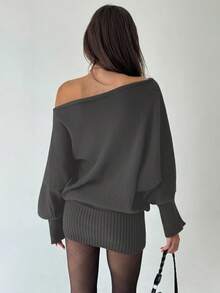 Aloruh Y2K 风格百搭不对称肩长袖修身腰身毛衣裙，休闲/通勤，秋冬复古美式美学 - 深灰色 - 查看 2