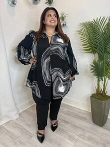 SHEIN Unity Jennifer_samantha_style Plus Size Casual Swirl Print Lantern Sleeve Shirt, Autumn, For Apple Rounded Body Shape - Multicolor - View 3
